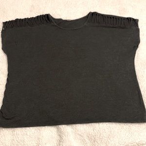 Gray shirt with designed rips on shoulder